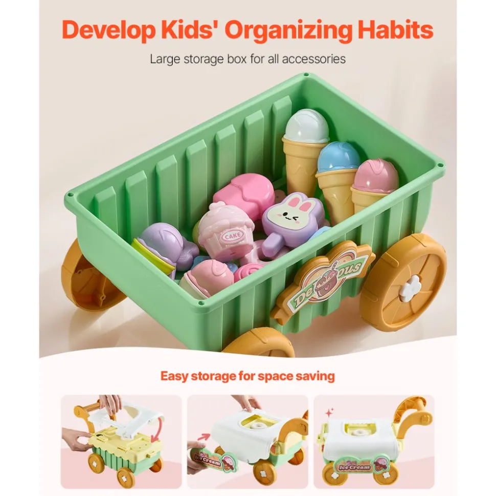 VEVOR Ice Cream Cart for Kids, 27 PCS Accessories, Pretend Play Store with Storage Trolley with Pretend Money, Sound & Light Effects, Montessori Educational Ice Cream Truck Toys for Toddlers 3+