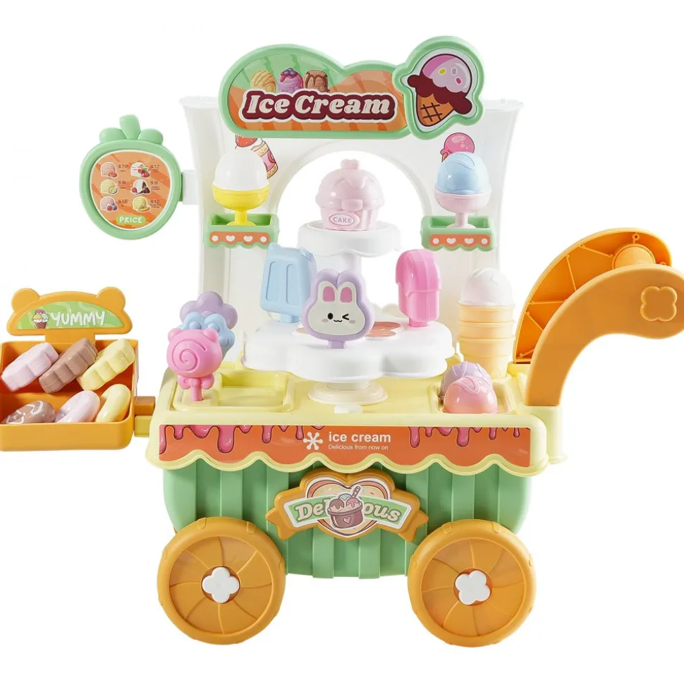 VEVOR Ice Cream Cart for Kids, 27 PCS Accessories, Pretend Play Store with Storage Trolley with Pretend Money, Sound & Light Effects, Montessori Educational Ice Cream Truck Toys for Toddlers 3+