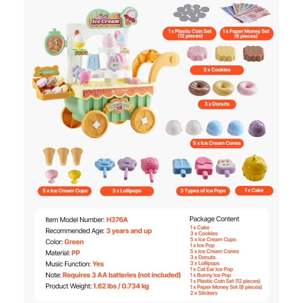 VEVOR Ice Cream Cart for Kids, 27 PCS Accessories, Pretend Play Store with Storage Trolley with Pretend Money, Sound & Light Effects, Montessori Educational Ice Cream Truck Toys for Toddlers 3+