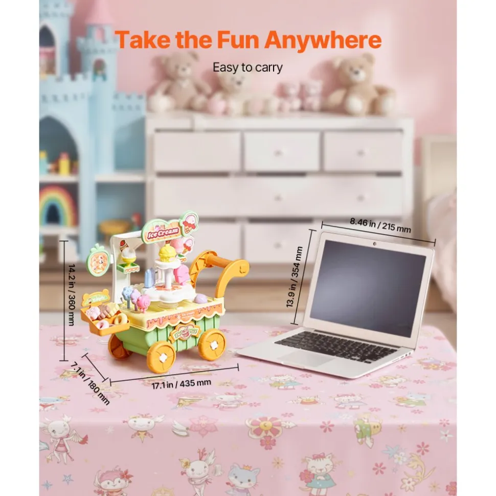 VEVOR Ice Cream Cart for Kids, 27 PCS Accessories, Pretend Play Store with Storage Trolley with Pretend Money, Sound & Light Effects, Montessori Educational Ice Cream Truck Toys for Toddlers 3+