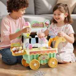 VEVOR Ice Cream Cart for Kids, 27 PCS Accessories, Pretend Play Store with Storage Trolley with Pretend Money, Sound & Light Effects, Montessori Educational Ice Cream Truck Toys for Toddlers 3+