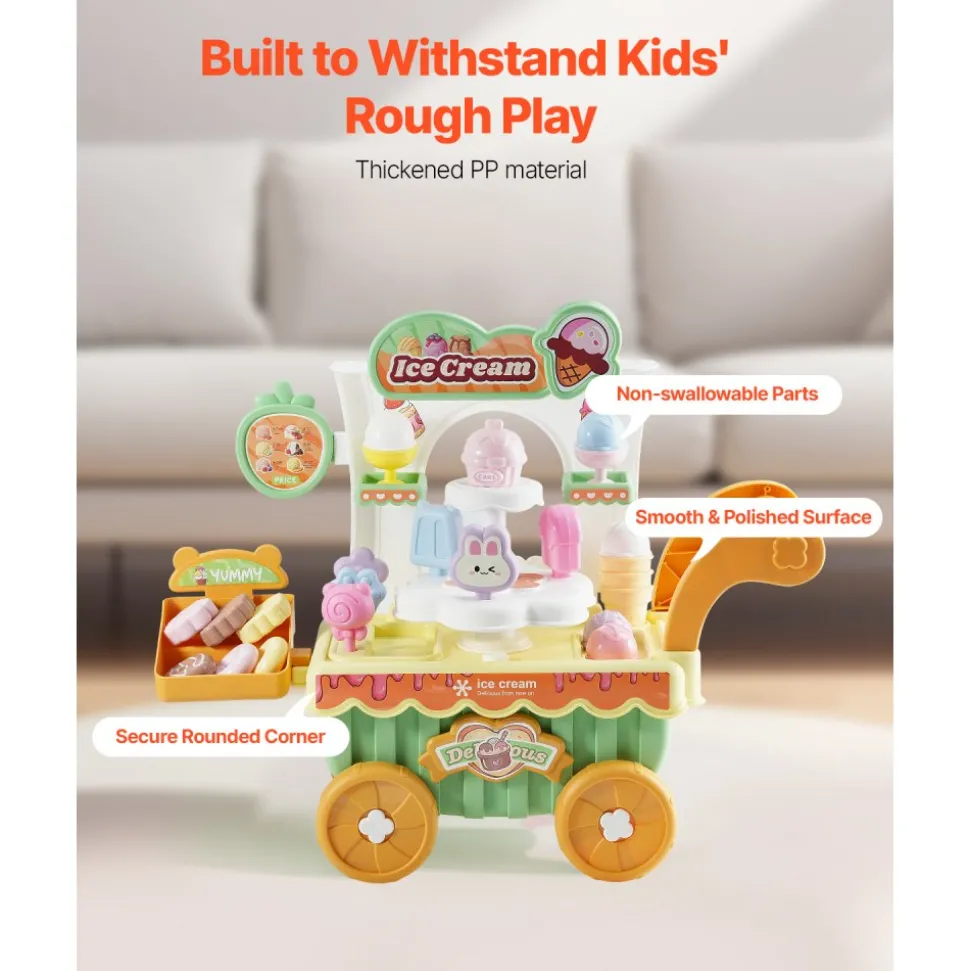 VEVOR Ice Cream Cart for Kids, 27 PCS Accessories, Pretend Play Store with Storage Trolley with Pretend Money, Sound & Light Effects, Montessori Educational Ice Cream Truck Toys for Toddlers 3+