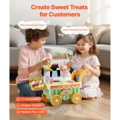 VEVOR Ice Cream Cart for Kids, 27 PCS Accessories, Pretend Play Store with Storage Trolley with Pretend Money, Sound & Light Effects, Montessori Educational Ice Cream Truck Toys for Toddlers 3+