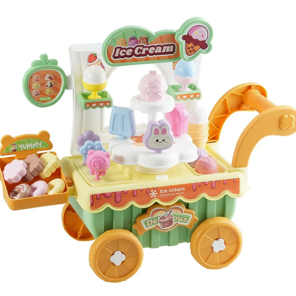 VEVOR Ice Cream Cart for Kids, 27 PCS Accessories, Pretend Play Store with Storage Trolley with Pretend Money, Sound & Light Effects, Montessori Educational Ice Cream Truck Toys for Toddlers 3+