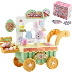 VEVOR Ice Cream Cart for Kids, 27 PCS Accessories, Pretend Play Store with Storage Trolley with Pretend Money, Sound & Light Effects, Montessori Educational Ice Cream Truck Toys for Toddlers 3+