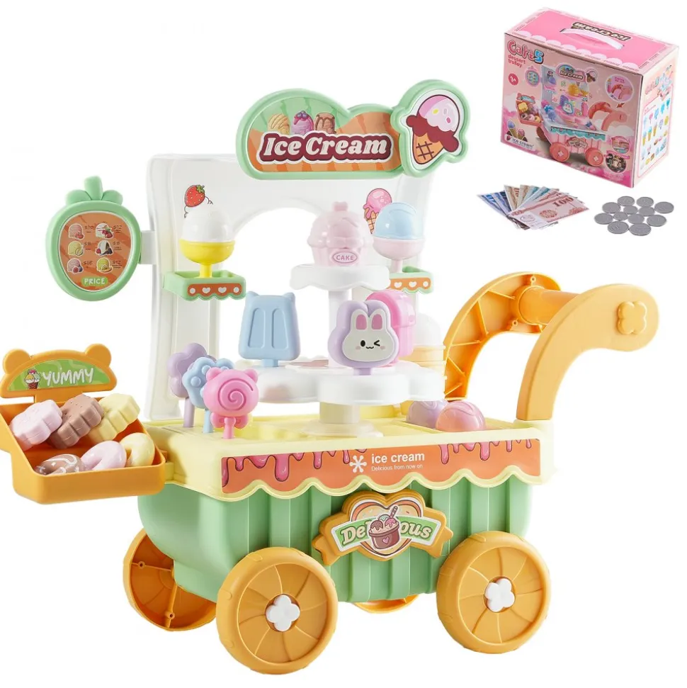 VEVOR Ice Cream Cart for Kids, 27 PCS Accessories, Pretend Play Store with Storage Trolley with Pretend Money, Sound & Light Effects, Montessori Educational Ice Cream Truck Toys for Toddlers 3+