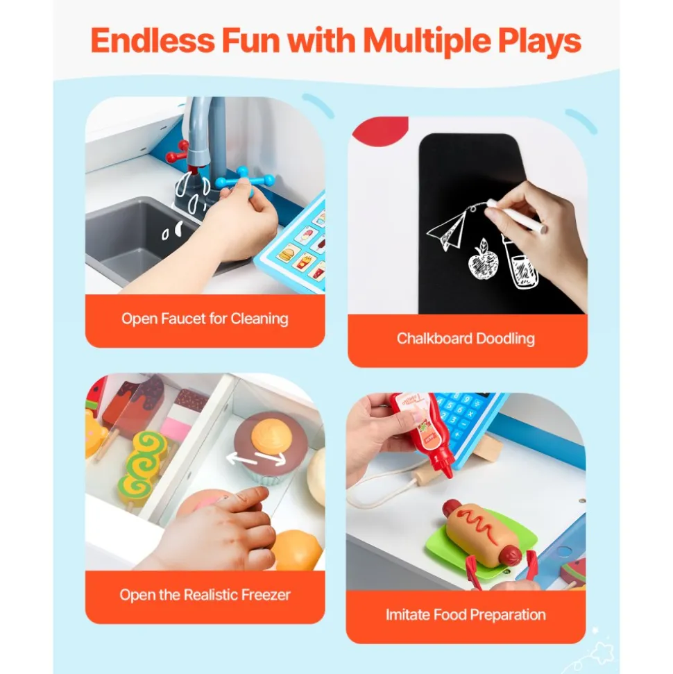 VEVOR Ice Cream Cart for Kids, 20+ PCS Ice Cream Truck Wooden Playset, Pretend Play Stand with Steering Wheel & Chalkboard, Payment Scanner & Freezer, Faucet & Sink, Suitable for Kids 3-7 Years Old