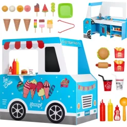 VEVOR Ice Cream Cart for Kids, 20+ PCS Ice Cream Truck Wooden Playset, Pretend Play Stand with Steering Wheel & Chalkboard, Payment Scanner & Freezer, Faucet & Sink, Suitable for Kids 3-7 Years Old