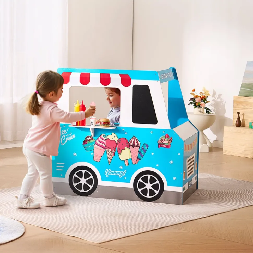 VEVOR Ice Cream Cart for Kids, 20+ PCS Ice Cream Truck Wooden Playset, Pretend Play Stand with Steering Wheel & Chalkboard, Payment Scanner & Freezer, Faucet & Sink, Suitable for Kids 3-7 Years Old