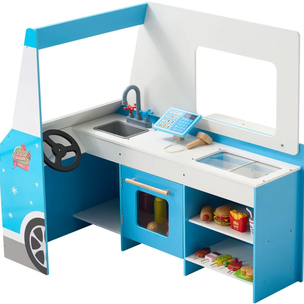 VEVOR Ice Cream Cart for Kids, 20+ PCS Ice Cream Truck Wooden Playset, Pretend Play Stand with Steering Wheel & Chalkboard, Payment Scanner & Freezer, Faucet & Sink, Suitable for Kids 3-7 Years Old