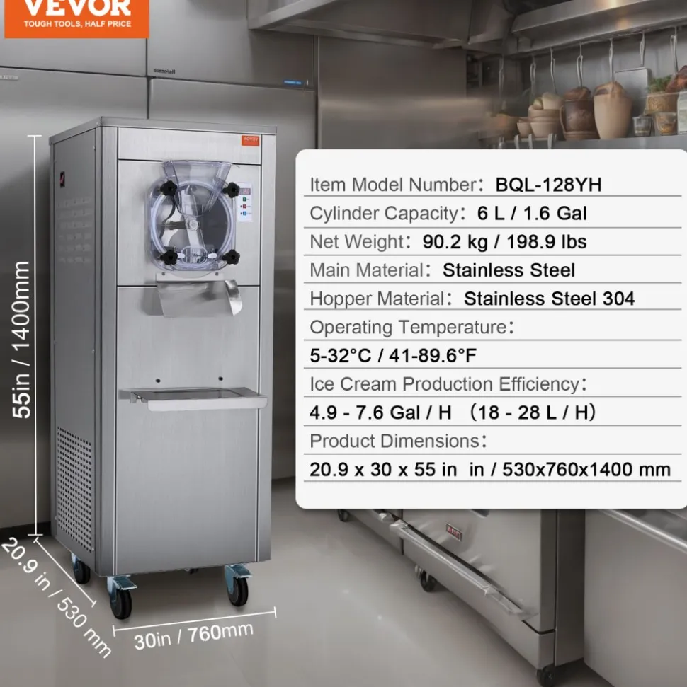 VEVOR Ice Cream Maker for Commercial Use, Produces 18 Liters per Hour, 1780W, Offers Single Flavor, Equipped with Wheels, 6L Stainless Cylinder, LED Display, Automatic Cleaning & Pre-cooling Functi