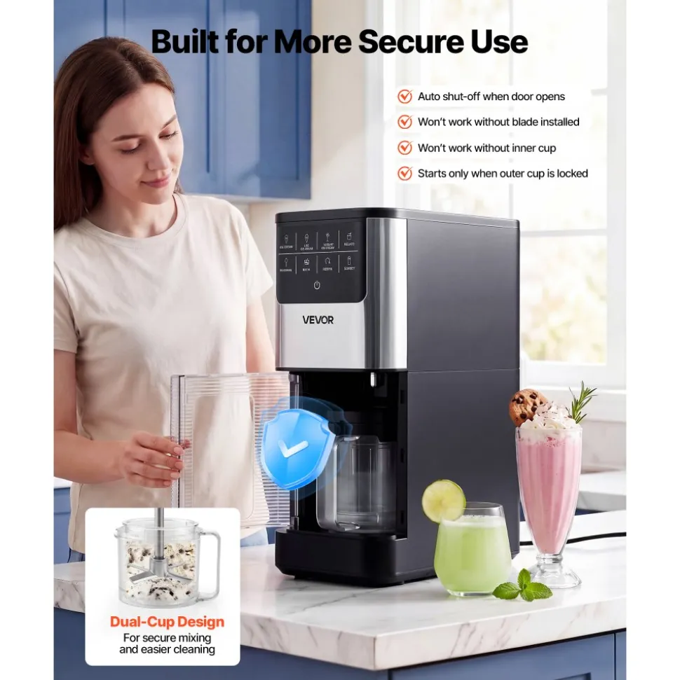 VEVOR Ice Cream Maker, 7-in-1 Frozen Treat Maker for Gelato, Sorbet, Milkshake, Frozen Yogurt & Lite Ice Cream, Homemade Ice-Cream Machine with One-Touch Mix-in + Respin for Smooth, Creamy Texture