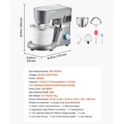 VEVOR Ice Cream Maker, 1.8 Qt. Capacity, 6-Speed Electric Stand Mixer, with LED Digital Display & Timer, Mixing Paddle, Dough Hook, Splash Guard, for Homemade Frozen Yogurt Fruit Sorbet Gelato, Grey