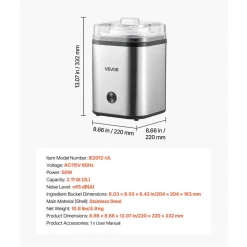 VEVOR Ice Cream Maker, 2.11 Qt. Large Capacity, Electric Automatic Ice-Cream Machine, with Easy Operation & Cleaning, Stainless Steel Shell, for Homemade Frozen Yogurt, Fruit Sorbet, Gelato, Silver