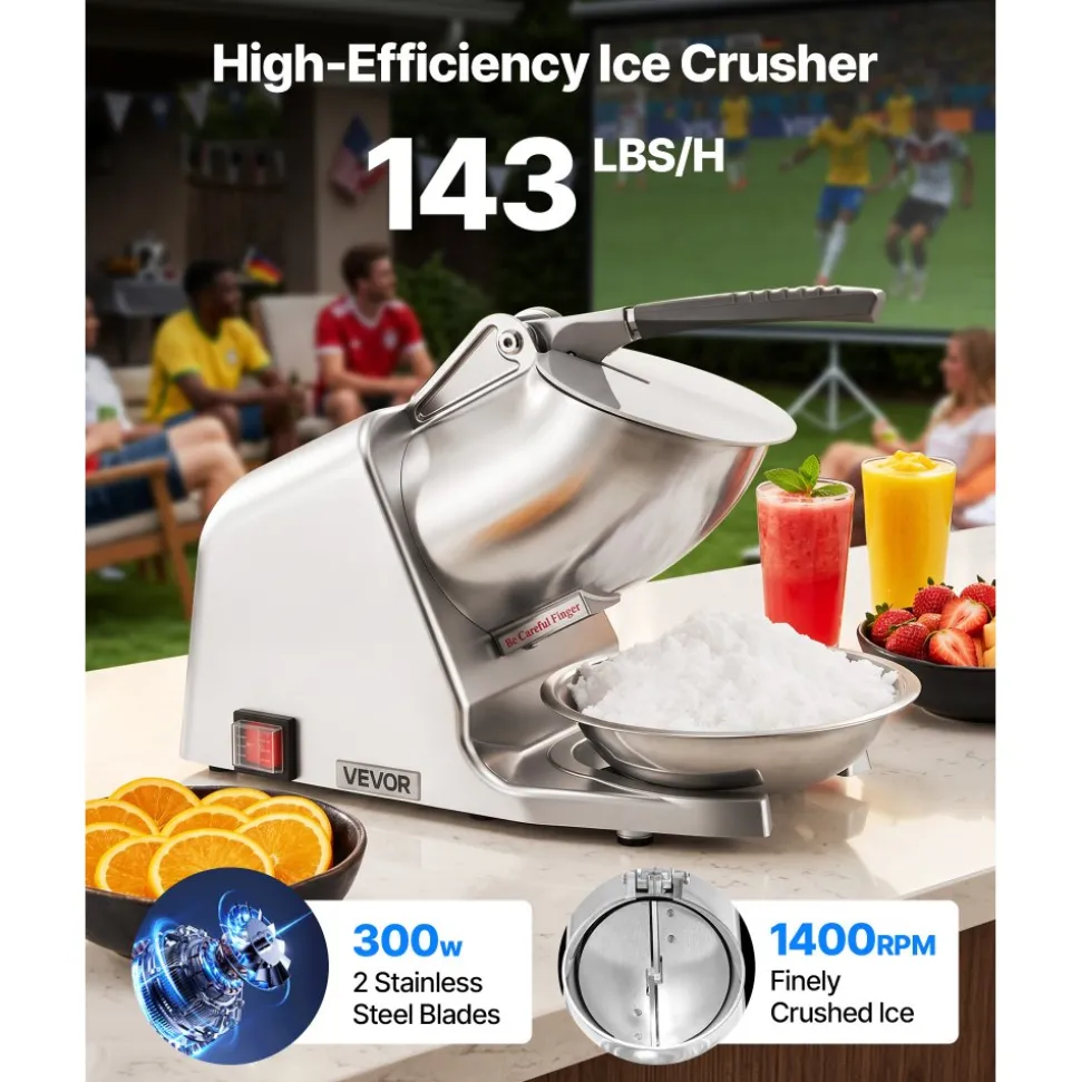 VEVOR Ice Crusher Machine, 143lbs Per Hour Electric 2 Blades Snow Cone Maker, Stainless Steel Shaved Ice Machine with Bowl and Cover, 300W 2000RPM Ice-Shaver for Home and Commercial Use, Silver