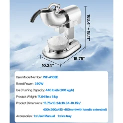 VEVOR Ice Crusher Machine, 440lbs Per Hour Electric 4 Blades Snow Cone Maker, All Stainless Steel Shaved Ice Machine with Bowl and Cover, 350W 1400RPM Ice-Shaver for Home and Commercial Use, Silver