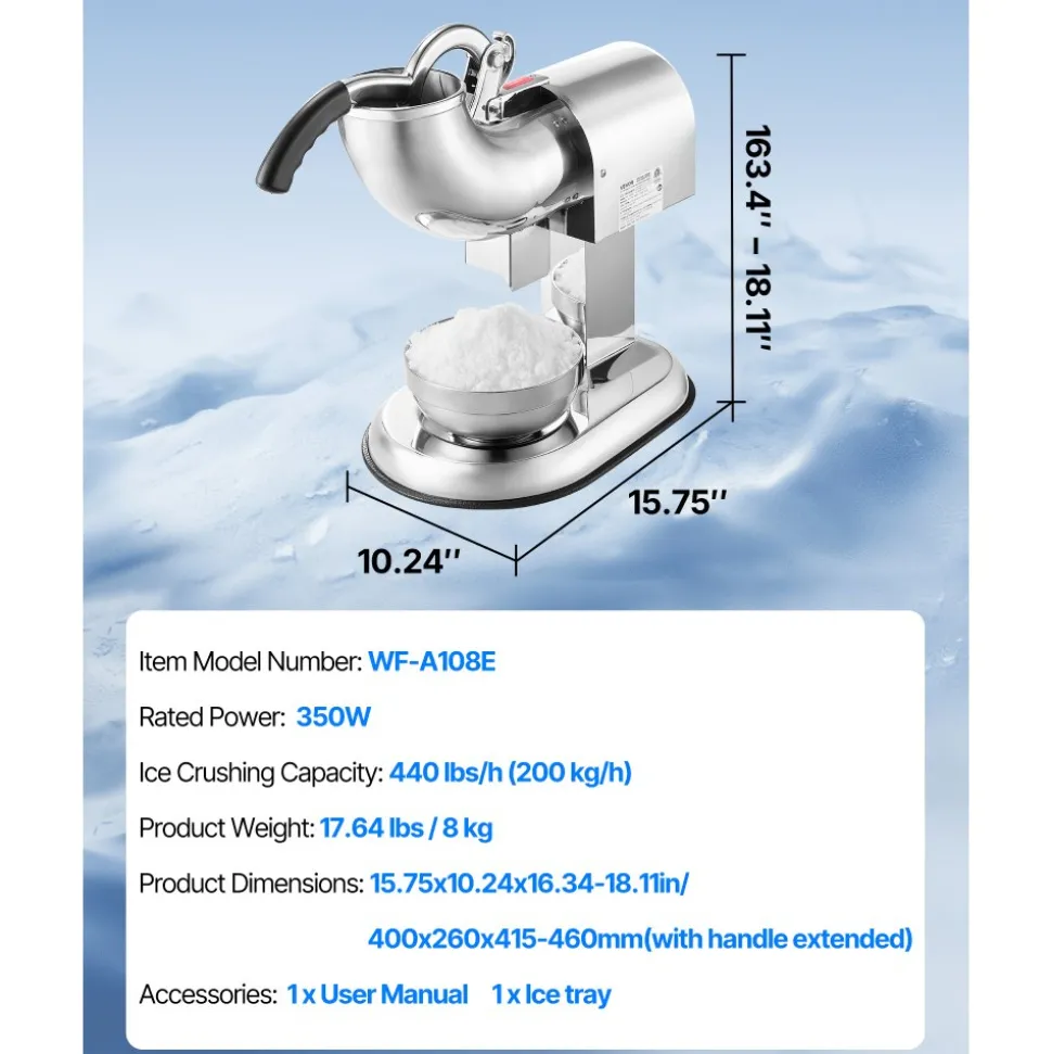 VEVOR Ice Crusher Machine, 440lbs Per Hour Electric 4 Blades Snow Cone Maker, All Stainless Steel Shaved Ice Machine with Bowl and Cover, 350W 1400RPM Ice-Shaver for Home and Commercial Use, Silver