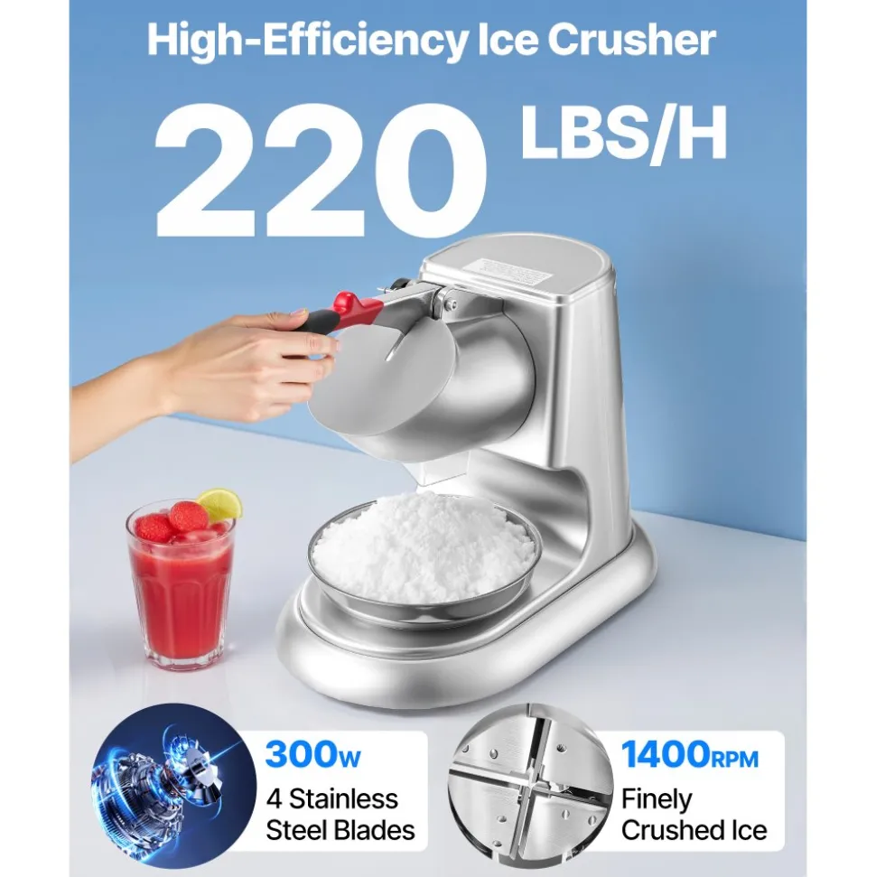 VEVOR Ice Crusher Machine, 220lbs Per Hour Electric 4 Blades Snow Cone Maker, Stainless Steel Shaved Ice Machine with Bowl and Cover, 300W 2000RPM Ice-Shaver for Home and Commercial Use, Silver
