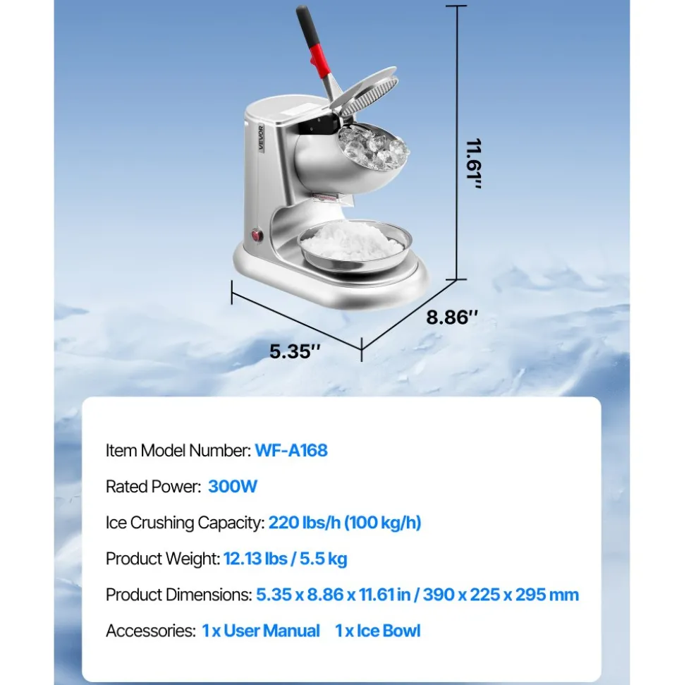 VEVOR Ice Crusher Machine, 220lbs Per Hour Electric 4 Blades Snow Cone Maker, Stainless Steel Shaved Ice Machine with Bowl and Cover, 300W 2000RPM Ice-Shaver for Home and Commercial Use, Silver