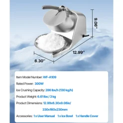 VEVOR Ice Crusher Machine, 286lbs Per Hour Electric 4 Blades Snow Cone Maker, Stainless Steel Shaved Ice Machine with Bowl and Cover, 300W 2000RPM Ice-Shaver for Home and Commercial Use, Silver