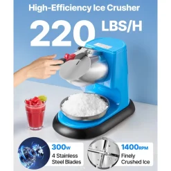 VEVOR Ice Crusher Machine, 220lbs Per Hour Electric 4 Blades Snow Cone Maker, Stainless Steel Shaved Ice Machine with Bowl and Cover, 300W 1400RPM Ice-Shaver for Home and Commercial Use, Blue