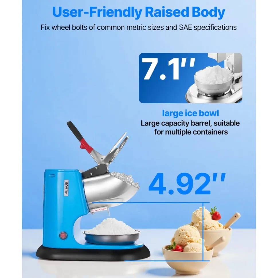 VEVOR Ice Crusher Machine, 220lbs Per Hour Electric 4 Blades Snow Cone Maker, Stainless Steel Shaved Ice Machine with Bowl and Cover, 300W 1400RPM Ice-Shaver for Home and Commercial Use, Blue