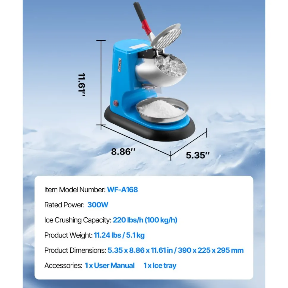 VEVOR Ice Crusher Machine, 220lbs Per Hour Electric 4 Blades Snow Cone Maker, Stainless Steel Shaved Ice Machine with Bowl and Cover, 300W 1400RPM Ice-Shaver for Home and Commercial Use, Blue