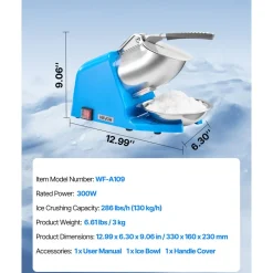 VEVOR Ice Crusher Machine, 286lbs Per Hour Electric 4 Blades Snow Cone Maker, Stainless Steel Shaved Ice Machine with Bowl and Cover, 300W 2000RPM Ice-Shaver for Home and Commercial Use, Blue