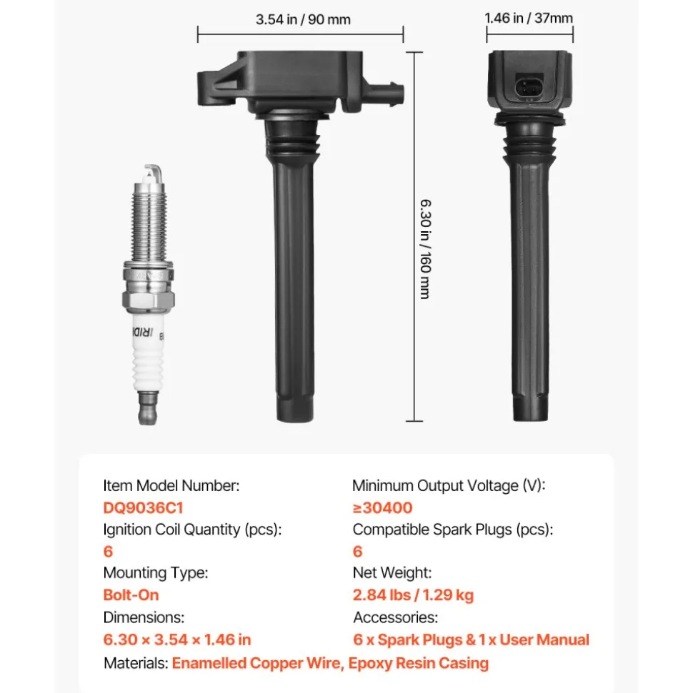 VEVOR Ignition Coil Pack and Spark Plugs, Set of 6, Compatible with Dodge Grand Caravan Charger Durango Journey Avenger Challenger Jeep Cherokee Grand Cherokee Compass Chrysler Ram ProMaster 3.6L V6