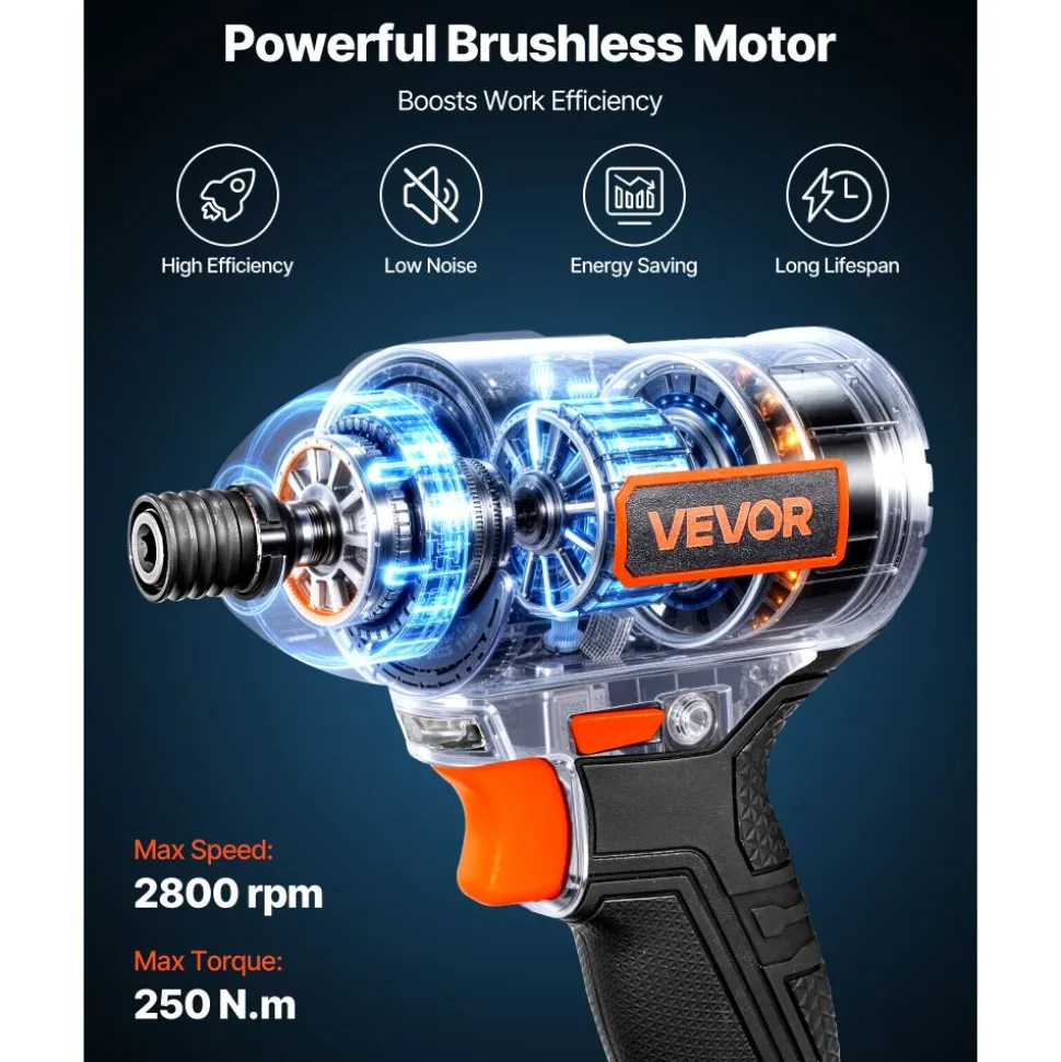 VEVOR Impact Driver, 1/4 Inch, 2800 RPM Max Speed, 20 V Brushless Motor, Electric Cordless Impact Driver Kit with Battery and Charger, 20 Bits, LED Work Light, for Furniture, Electrical, Home Repairs