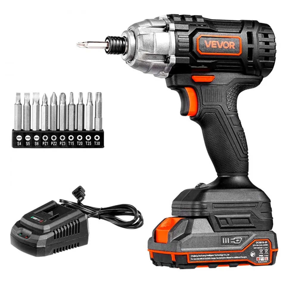 VEVOR Impact Driver, 1/4 Inch, 3000 RPM Max Speed, 12 V Brushless Motor, Electric Cordless Impact Driver Kit with Battery and Charger, 20 Bits, LED Work Light, for Furniture, Electrical, Home Repairs