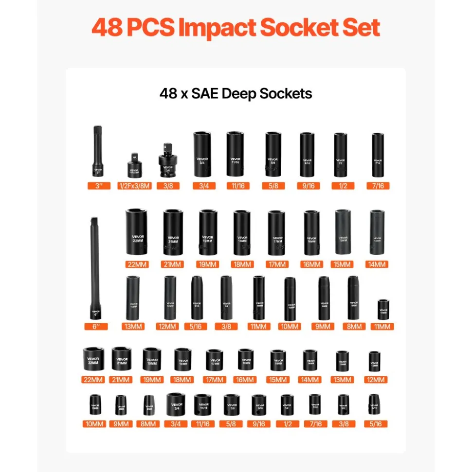 VEVOR Impact Socket Set, 3/8" Drive, 48-Piece Socket Set, 6-Point Sockets, SAE 5/16"-3/4" and Metric 8-19 mm, 21-22 mm, Easy to Identify, Cr-V Alloy Steel, Extension Bar, Adapter and Storage Cage
