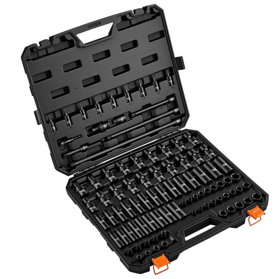 VEVOR Impact Socket Set, 3/8" Drive, 90-Piece Socket Set, 6 Point Sockets, SAE 1/4"-3/4" and Metric 6-19 mm, Easy to Identify, with Adapters, Sturdy Storage Case, Cr-Mo Alloy Steel for Vehicles Repair