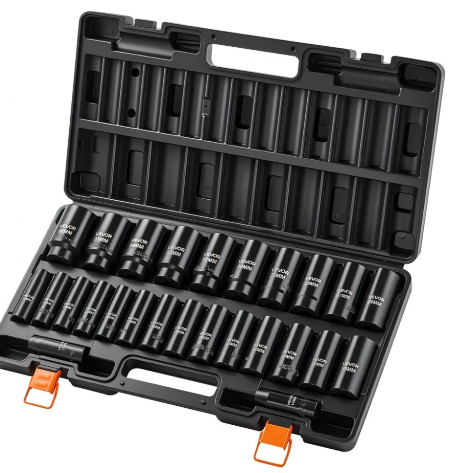 VEVOR Impact Socket Set, 1/2" Drive, 26-Piece Impact Sockets, 6-Point Sockets, Metric 10-30 mm, 32-36 mm, Easy to Identify, with a Sturdy Storage Case, Cr-V Alloy Steel Structure, for Vehicles Repair