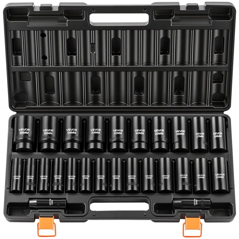 VEVOR Impact Socket Set, 1/2" Drive, 26-Piece Impact Sockets, 6-Point Sockets, Metric 10-30 mm, 32-36 mm, Easy to Identify, with a Sturdy Storage Case, Cr-V Alloy Steel Structure, for Vehicles Repair