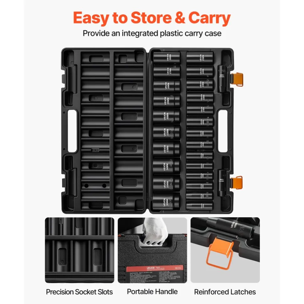 VEVOR Impact Socket Set, 1/2" Drive, 26-Piece Impact Sockets, 6-Point Sockets, Metric 10-30 mm, 32-36 mm, Easy to Identify, with a Sturdy Storage Case, Cr-V Alloy Steel Structure, for Vehicles Repair