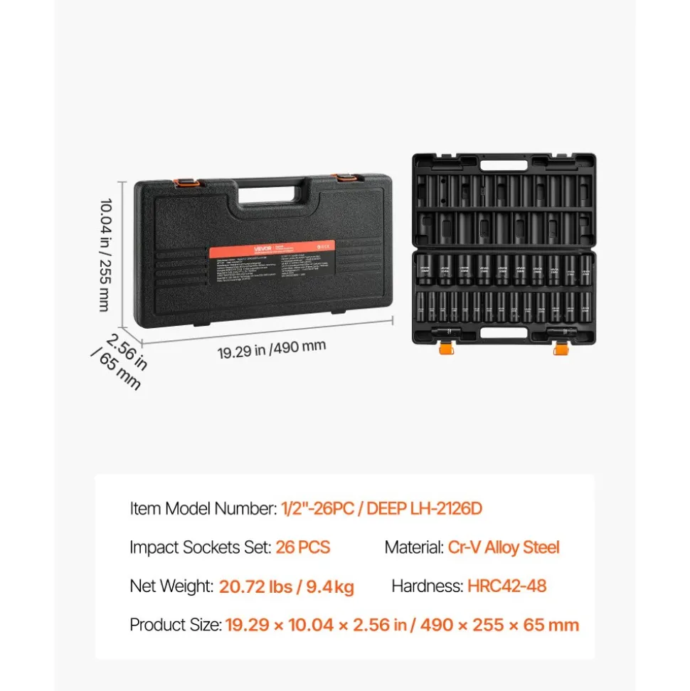 VEVOR Impact Socket Set, 1/2" Drive, 26-Piece Impact Sockets, 6-Point Sockets, Metric 10-30 mm, 32-36 mm, Easy to Identify, with a Sturdy Storage Case, Cr-V Alloy Steel Structure, for Vehicles Repair