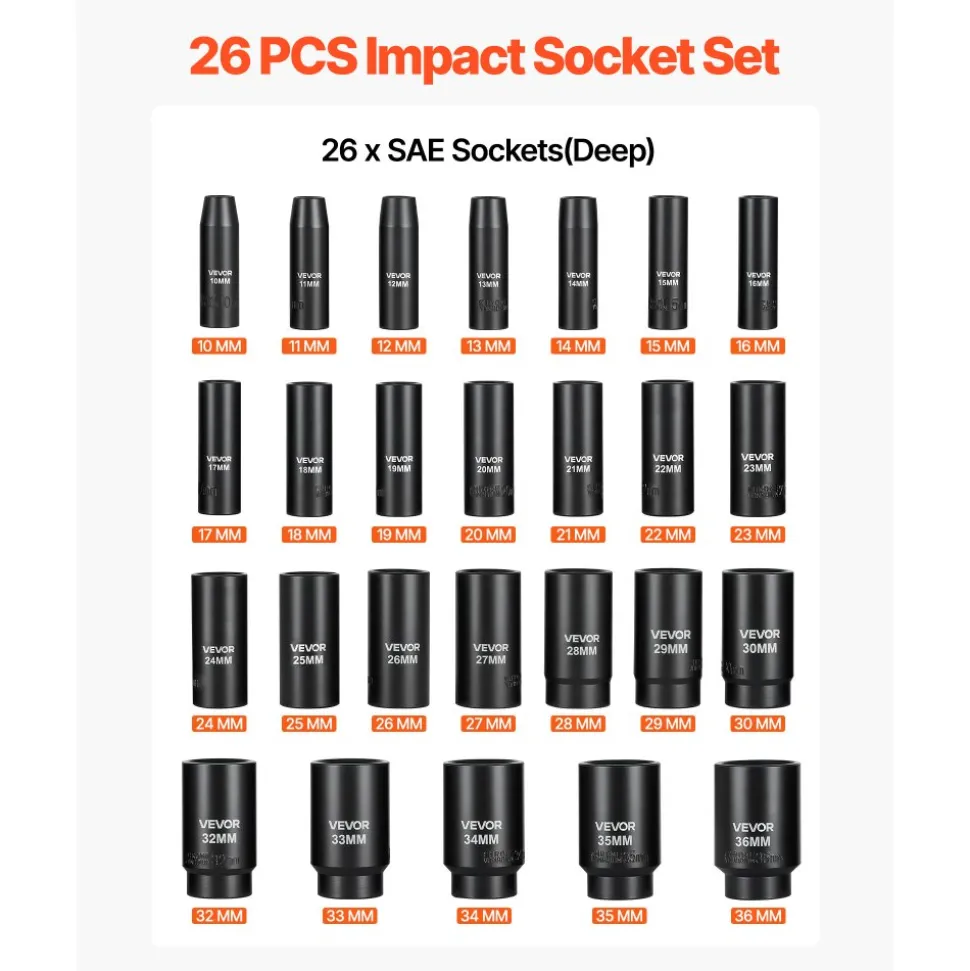 VEVOR Impact Socket Set, 1/2" Drive, 26-Piece Impact Sockets, 6-Point Sockets, Metric 10-30 mm, 32-36 mm, Easy to Identify, with a Sturdy Storage Case, Cr-V Alloy Steel Structure, for Vehicles Repair