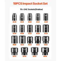 VEVOR Impact Socket Set 1/2 Inches 19 Piece Impact Sockets, Standard Socket Assortment, 1/2 Inches Drive Socket Set Impact Standard SAE (3/8 Inches to 1-1/2 Inches) 6-point Hex Sockets
