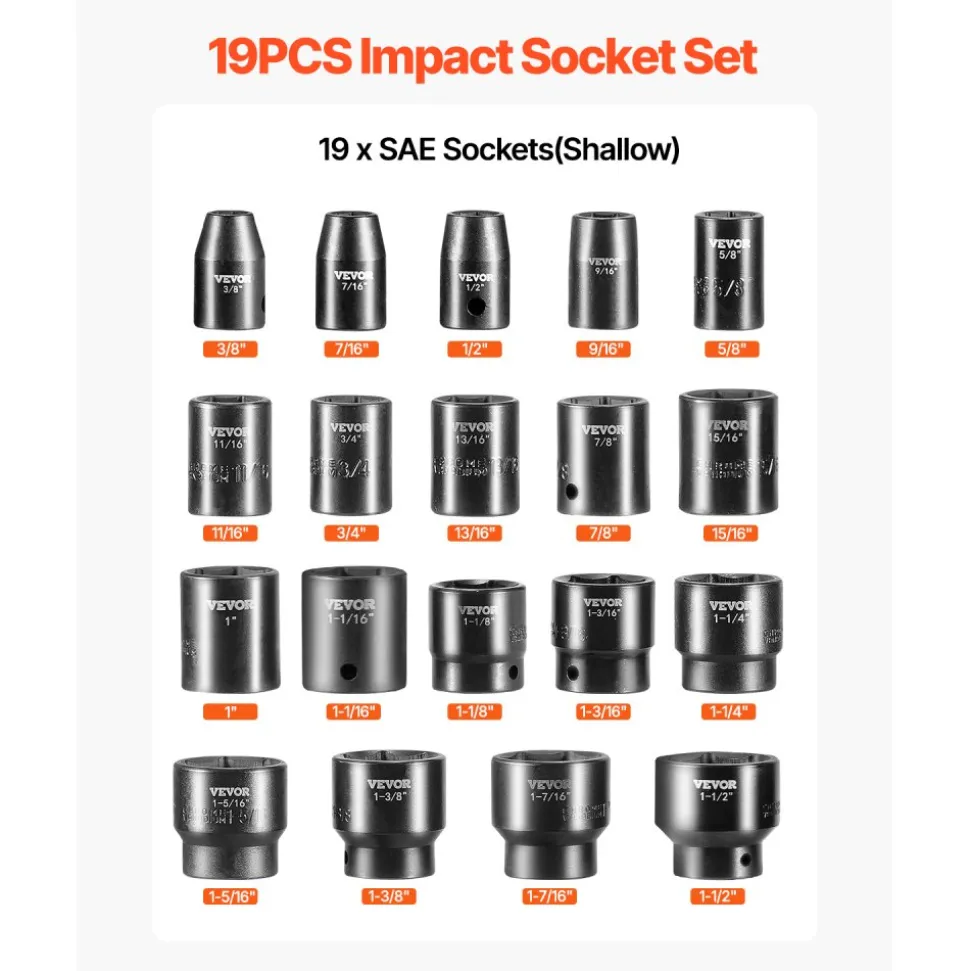 VEVOR Impact Socket Set 1/2 Inches 19 Piece Impact Sockets, Standard Socket Assortment, 1/2 Inches Drive Socket Set Impact Standard SAE (3/8 Inches to 1-1/2 Inches) 6-point Hex Sockets