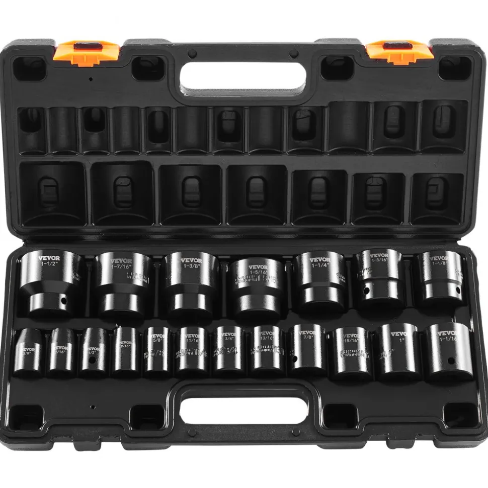 VEVOR Impact Socket Set 1/2 Inches 19 Piece Impact Sockets, Standard Socket Assortment, 1/2 Inches Drive Socket Set Impact Standard SAE (3/8 Inches to 1-1/2 Inches) 6-point Hex Sockets
