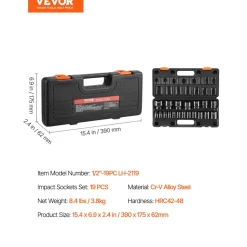 VEVOR Impact Socket Set 1/2 Inches 19 Piece Impact Sockets, Standard Socket Assortment, 1/2 Inches Drive Socket Set Impact Standard SAE (3/8 Inches to 1-1/2 Inches) 6-point Hex Sockets