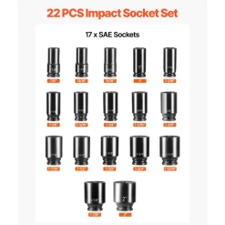 VEVOR Impact Socket Set 3/4 Inches 22 Piece Deep Impact Sockets, Socket Assortment 3/4 Inches Drive Socket Set Impact Standard SAE Sizes 7/8 Inches to 2 Inches Includes Adapters and Ratchet Handle