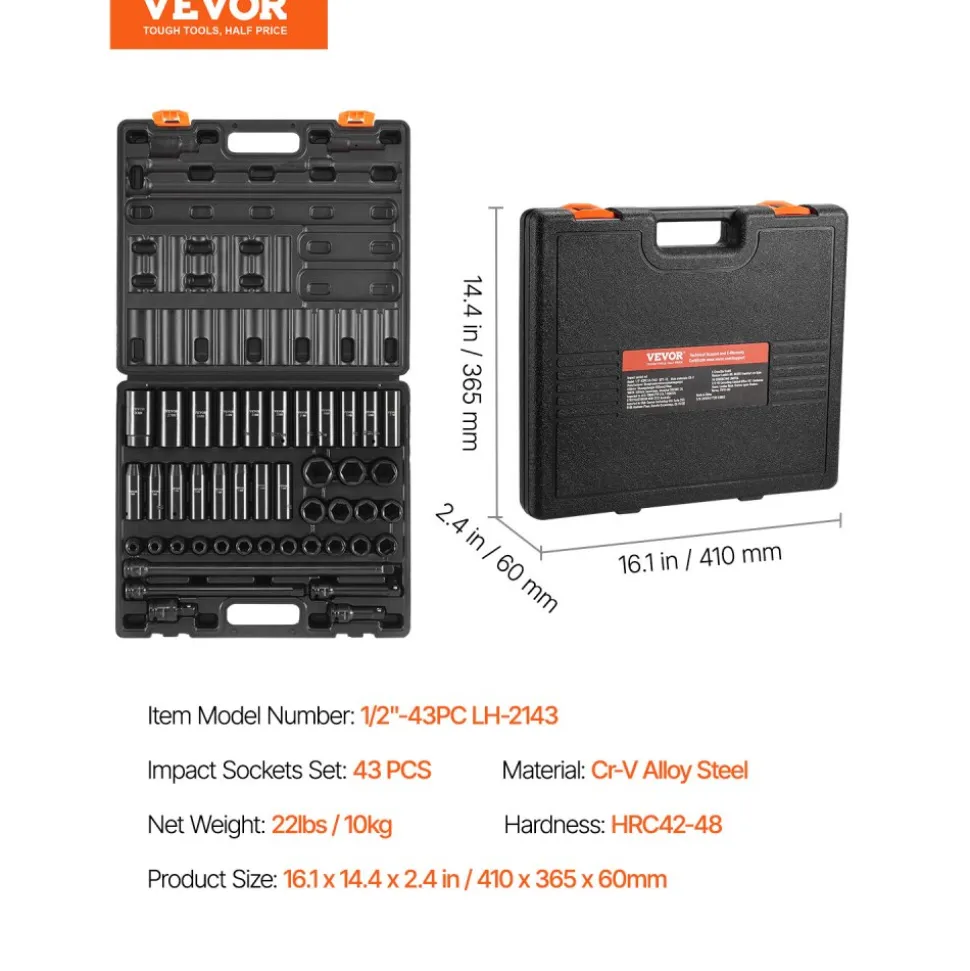 VEVOR Impact Socket Set 1/2 Inches 43 Piece Impact Sockets, Standard Socket Assortment, 1/2 Inches Drive Socket Set 6-Point Sockets Metric 9-30mm (Standard/Deep)