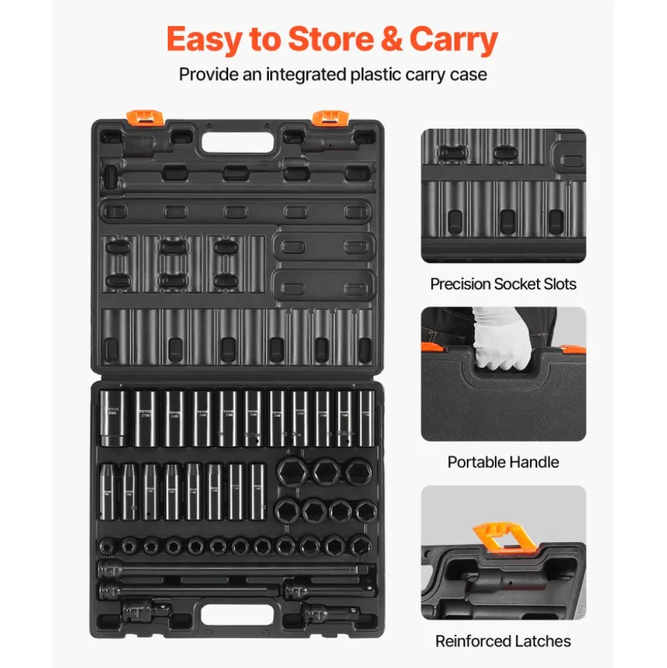 VEVOR Impact Socket Set 1/2 Inches 43 Piece Impact Sockets, Standard Socket Assortment, 1/2 Inches Drive Socket Set 6-Point Sockets Metric 9-30mm (Standard/Deep)