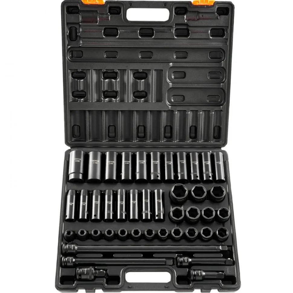 VEVOR Impact Socket Set 1/2 Inches 43 Piece Impact Sockets, Standard Socket Assortment, 1/2 Inches Drive Socket Set 6-Point Sockets Metric 9-30mm (Standard/Deep)
