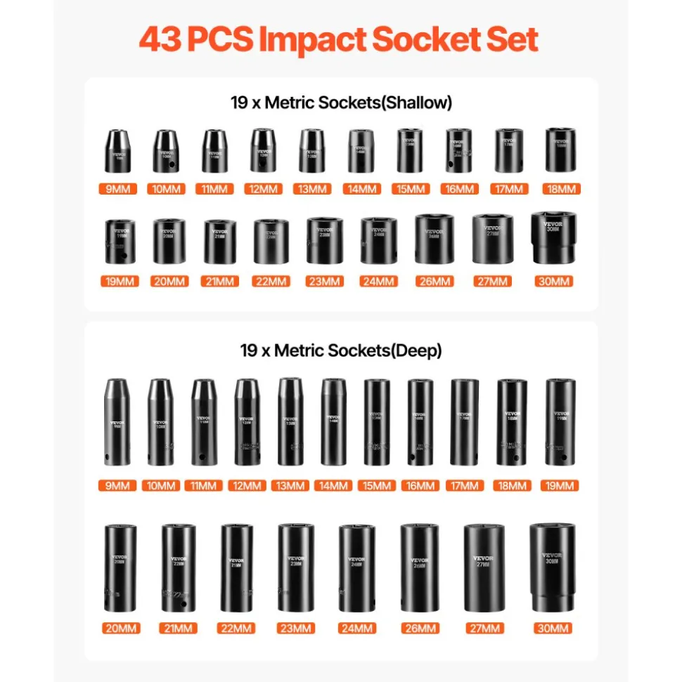 VEVOR Impact Socket Set 1/2 Inches 43 Piece Impact Sockets, Standard Socket Assortment, 1/2 Inches Drive Socket Set 6-Point Sockets Metric 9-30mm (Standard/Deep)
