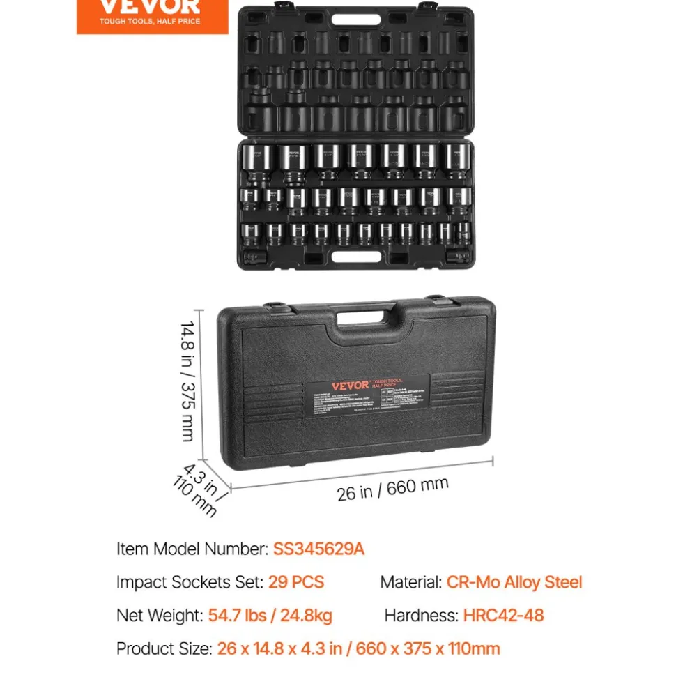 VEVOR Impact Socket Set 3/4 Inches 29 Piece Impact Sockets, 6-Point Sockets, Rugged Construction, CR-M0, 3/4 Inches Drive Socket Set Impact SAE 3/4 inch - 2-1/2 inch, with a Storage Cage