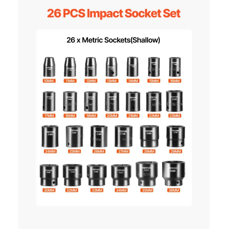 VEVOR Impact Socket Set 1/2 Inches 26 Piece Impact Sockets, Shallow Socket, 6-Point Sockets, Rugged Construction, CR-V, 1/2 Inches Drive Socket Set Impact Metric 10mm - 36mm, with a Storage Cage