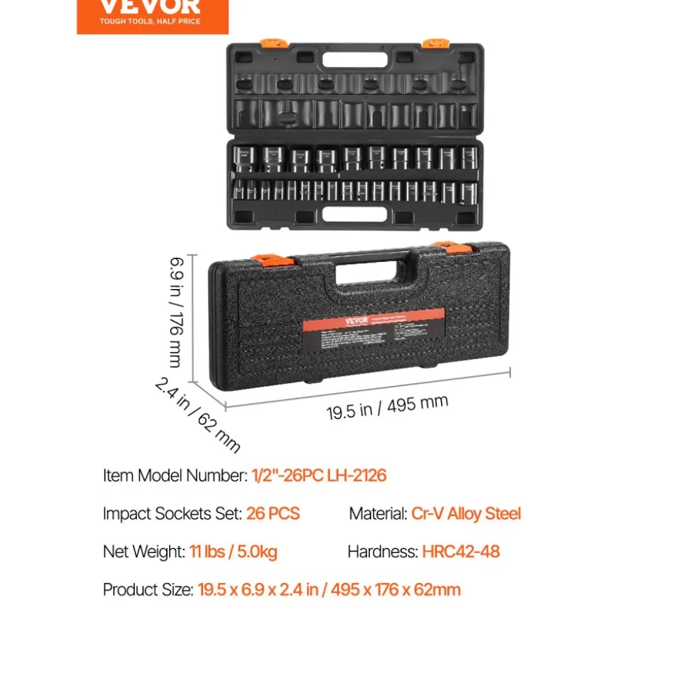 VEVOR Impact Socket Set 1/2 Inches 26 Piece Impact Sockets, Shallow Socket, 6-Point Sockets, Rugged Construction, CR-V, 1/2 Inches Drive Socket Set Impact Metric 10mm - 36mm, with a Storage Cage